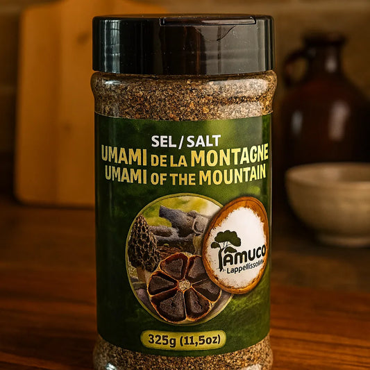 Sel gastronomique aux champignons sauvages et ail noir bio, pot de 325 g signé Amyco, parfait pour les plats umami