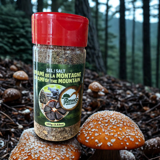 Sel aux champignons sauvages et ail noir, format 100 g, collaboration Amyco et Le Marché des Appalaches